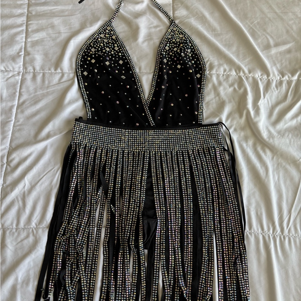Black Rhinestone Fringe Halter Dress